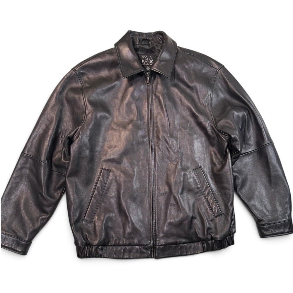 Jos A Bank Mens Black Genuine Leather Bomber Jacket Full Zip Coat Large